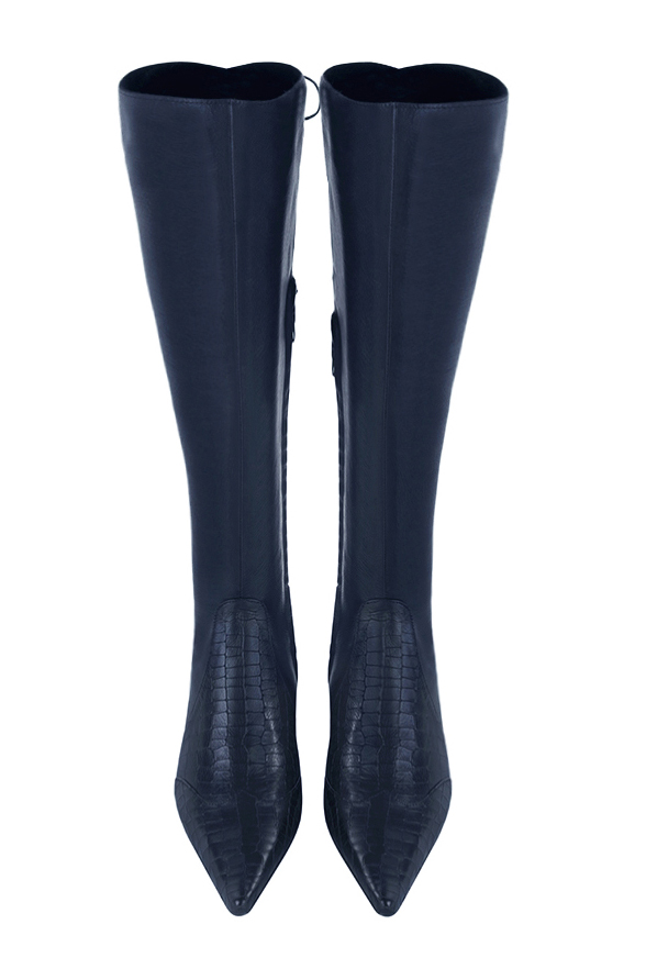Navy blue women's knee-high boots, with laces at the back. Pointed toe. Low flare heels. Made to measure. Top view - Florence KOOIJMAN